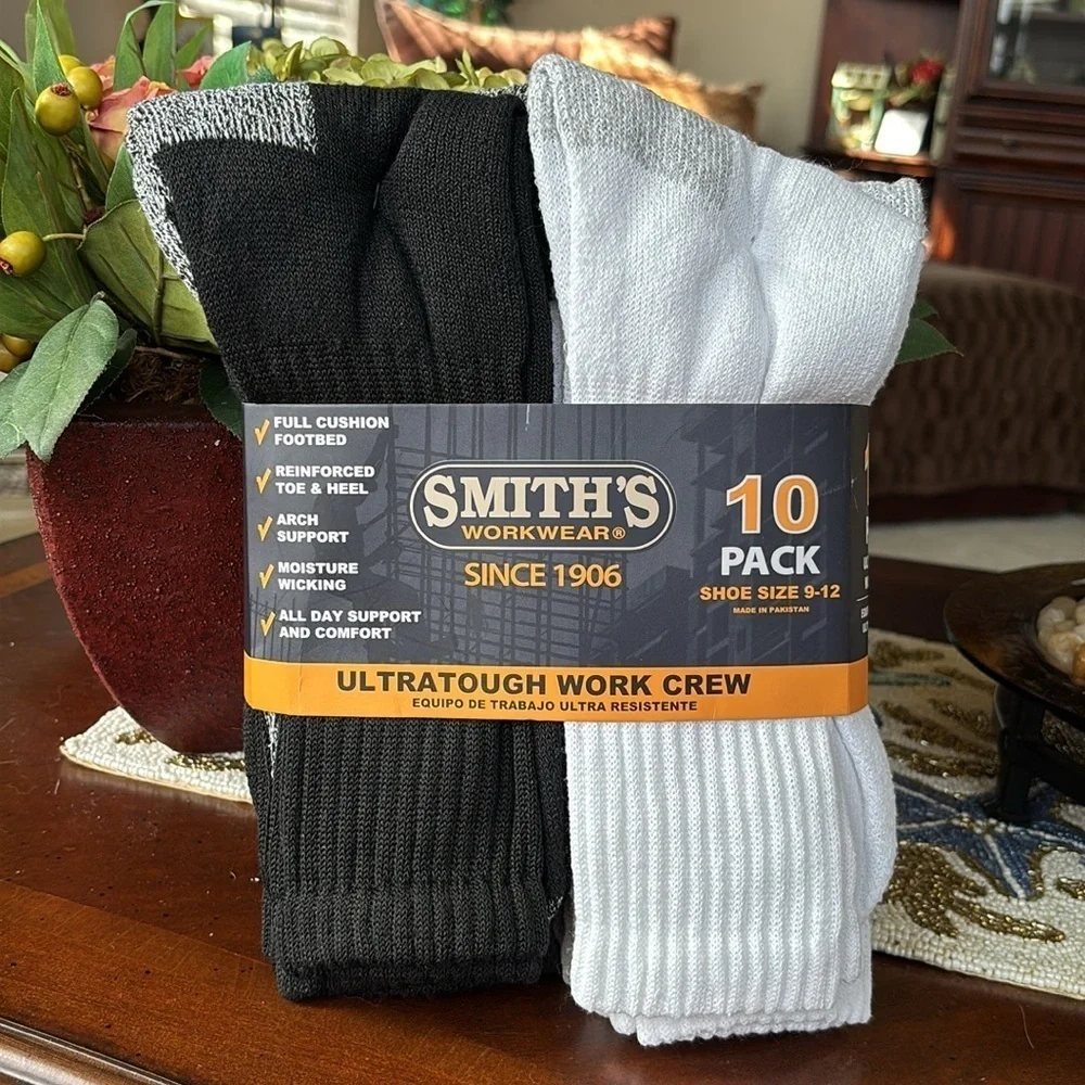 Brand New Smith's Workwear 10-Pack Ultra Tough Work Crew Socks Cushioned Wicking